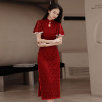 ใหม่สีแดงฤดูร้อน cheongsam ของผู้หญิงใหม่ลูกไม้บาง cheongsam สไตล์จีนค่ำพรรคชุด2023 qipao สำหรับผู้หญิง.