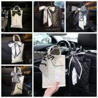 SOMXG โบว์ริบบิ้นผ้าไหม กล่องทิชชู่ติดรถมีโบว์ เครื่องหนังแท้ ที่แขวนแขวน Bowknot Car back Seat headrest tissue ถุงผ้ากระดาษ 27X18Cm ผ้าคลุมถุงกระดาษเช็ดมือแบบแขวนอัตโนมัติ ที่จัดระเบียบที่นั่งด้านหลังรถ