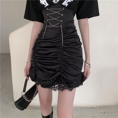 HOUZHOU Mall Goth Lace Wrap Skirt Women Sexy Gothic Punk Black Shirring Lace-up High Waist Mini Skirts Dark Academia Alt Summer
