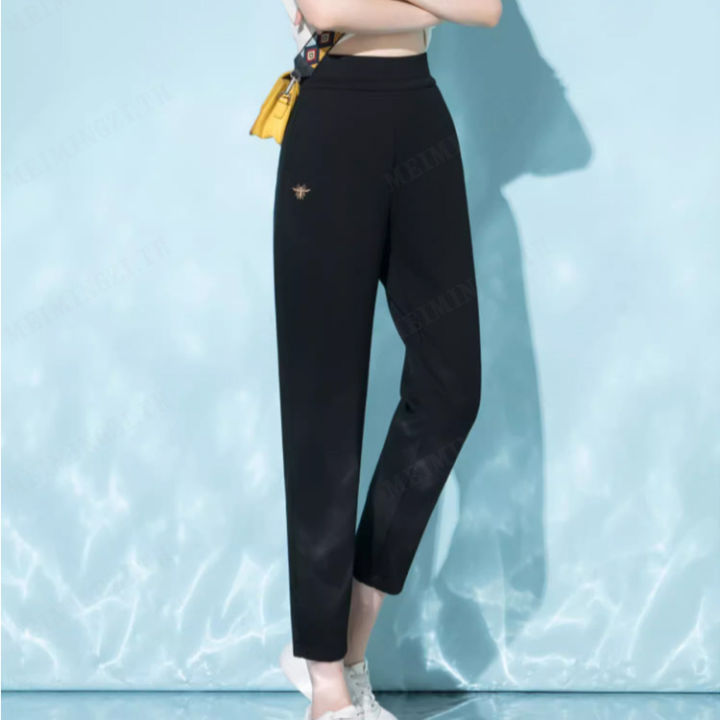 meimingzi-กางเกงลำลองเอวสูงสีบริสุทธิ์ผู้หญิงเก้าจุดกางเกงฮาเร็มเรียบง่ายกางเกงแครอททุกคู่