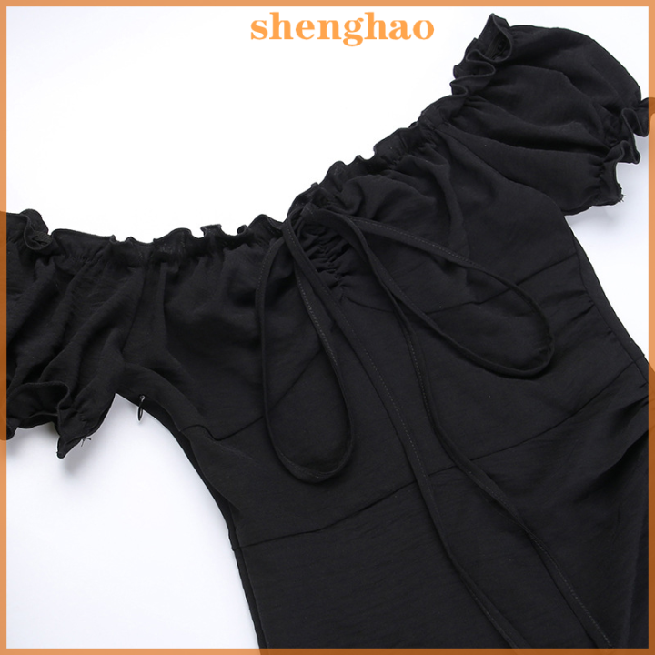 shenghao-เดรสวินเทจสีดำหรูหราของผู้หญิงเดรสเปิดไหล่มีระบายแหวกแนว