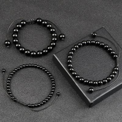 Beaded Bracelet Handmade 4 6 8mm Natural Stone Shiny Black Onyx Beads Bracelets &amp; Bangles Adjustable Size Obsidian Wrist Jewelry
