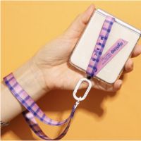 clear case + finger strap + wrist strap set for galaxy z flip 3 4 / hand grip pink checkerboard purple leopard pattern keyring holder dkj