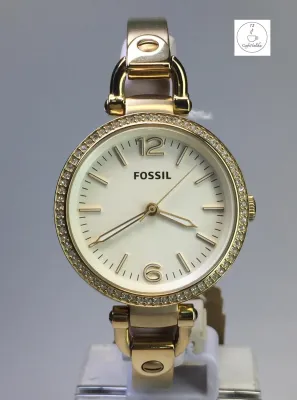 นาฬิกา  Fossil ผู้หญิง รุ่น ES3227 สายแสตนเลสชุบทองประดับขอบตัวเรือนด้วยคลิสตัล หน้าปัทม์สีครีม ของแท้ 100% CafeNalika