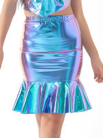 Shiny Rave Outfits Holographic Mermaid Skirt Elastic Waist Faux Leather Wetlook Metallic Skirt Knee Length Bodycon Pencil Skirt