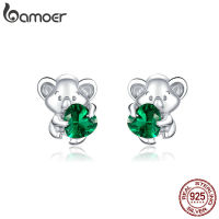 bamoer Real 925 Sterling Silver Green Emerald Color CZ Stone Cute Koala Stud Earrings for Women Animal Jewelry for Girl BSE390