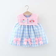 Summer New Girls Baby Sleeveless Dress Blue Plaid Three Bow Print Infant
