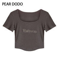 PEAR DODO ตัวอักษรเกาหลีปักสแควร์คอแขนสั้นเปิดสะดือเสื้อยืดสั้นสำหรับผู้หญิง