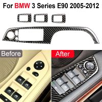 4Pcs Real Carbon Fiber Door Casement Lift Switch Cover Trim For BMW 3 Series E90 2005-2012 Door Window Switch Trim Accessories