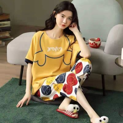 COD SDFGDERGRER Pajamas Womens Summer Short-Sleeved Cropped Pants Korean Style Casual Cute Cartoon Two Piece Set Thin Outerwear Homewear Suit