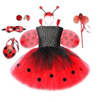 Lady Beetle Tutu Dress for Baby Girls Halloween Costumes with Wings Kids Fairy Dresses Outfit Child Polka Dots Birthday Clothes Dresses