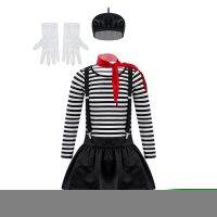 【Lao Zhang Fashion Cosplay】สาว Mime เครื่องแต่งกายเด็ก Aritist ศิลปินตัวตลกละครคอสเพลย์ Oufit พิมพ์ท็อปส์กับ Suspenders กระโปรงผ้าพันคอหมวกเบเร่ต์หมวกและถุงมือชุด