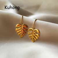 Kuhong 925เงินสเตอร์ลิงสร้างสรรค์การออกแบบที่ทำด้วยมือเครื่องประดับอย่างดี18KทองใบMonsteraต่างหูรูปหยดน้ำสำหรับผู้หญิง