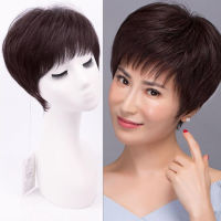 2023 Elegant Fine-Cut Women Wig 100% Real Human Hair Wigs for Women Short Hair Real Hair Invisible Seamless Natural Real Air Bangs Mother Wig Lace Wig Fashion Hairpiece Virgin Hair Periwig Gift for Mother xng