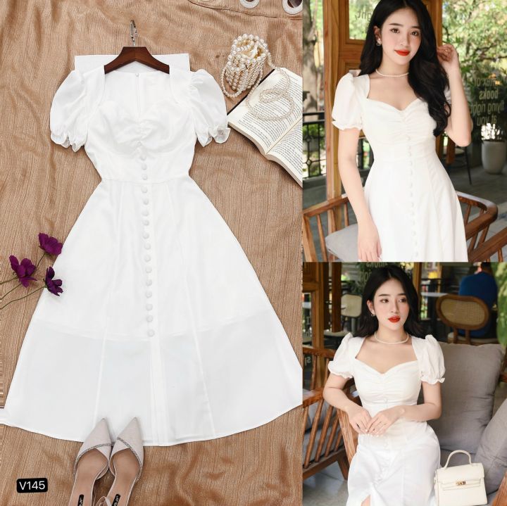 Váy Trắng Tơ Trễ Vai Dài Tay Suông Cách Điệu Siêu Đáng Yêu ( Có size Lớn)  BBD01 - Siêu Thị Top Top