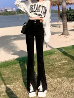 American Style Black Slit Jeans Womens Micro Flared Pants 2022 Autumn New High Waist Slim Horseshoe