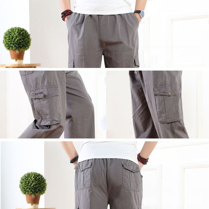 กางเกงขายาวทรงหลวมสำหรับผู้ชาย-กางเกงคาร์โก้ลำลองทุกวัน-ชุดหลวมหลายกระเป๋าสีทึบของผู้ชาย-กางเกงผ้าฝ้ายขายาว-กางเกงทำงานไซต์ก่อสร้าง-ชุดหลวมไม่ยืด-ออกแบบตกแต่งพร้อมช่องใส่ของหลายช่อง-กางเกงทำงานที่ทนต่