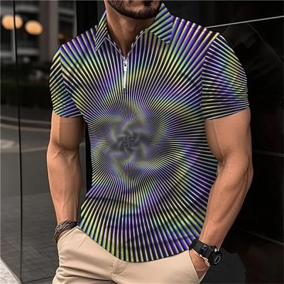 Gradient Discoloration Man Polo Shirts Summer MenS Printed Zipper Shirts Oversized Male Short Sleeve Tee Top Everyday Clothing