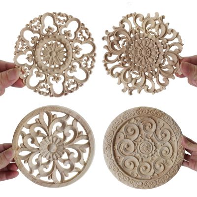 NEW Round Wood Applique Round Flower Exquisite Carving Natural Wood Appliques Corner Appliques Frame Wall Furniture Decoration