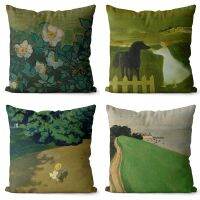 【CW】 oil painting pillow pastoral forest green flowers home luxury car bedside cushion