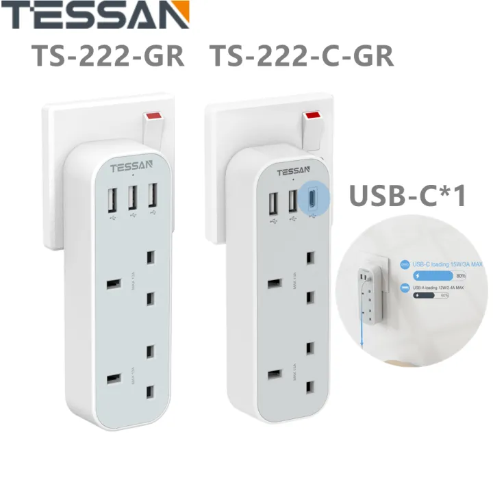 TESSAN Type C Adapter Plug TS-222 Power Strip Multi Plug Extension Socket ( 1 USB- C ) USB Charger USB Plug Adaptor with 2 Outlet and 3 USB Ports ,2 Way 3 Pin Plug USB Socket Multi Plug Adapter USB Ch