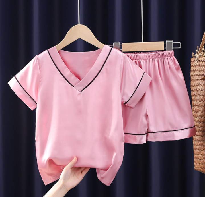 pearlpiggy-v-neck-solid-color-childrens-pajamas-summer-ice-silk-short-sleeved-thin-baby-boys-and-girls-air-conditioning-suits-big-childrens-home-service-suits