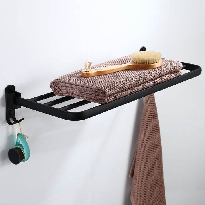 black-punch-free-single-layer-foldable-towel-rod-european-style-bathroom-alumimum-double-wall-hanging-towel-rack-with-double-hooks