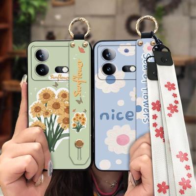 Lanyard protective Phone Case For VIVO IQOO Neo8/Neo8 Pro Anti-dust painting flowers Back Cover Durable Silicone Soft