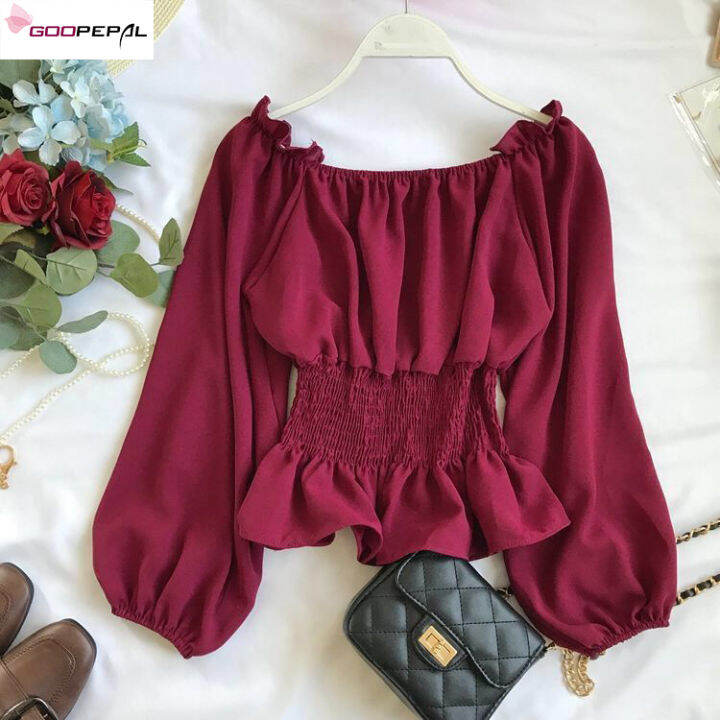 Goopepal Plus Size Women Shirts Fashion Sexy Long Sleeve Off-shoulder  Chiffon Shorts Style Elastic waist Tops Slim Fit Tops | Lazada