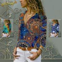 【HOT】☎๑♘ Print Sleeve Top Female V-neck Cardigan Single-breasted Shirt Popularity Turn-down Collar Clothing