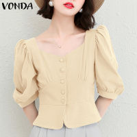 VONDA เสื้อเสื้อผู้หญิงแขนสั้นล้วนคอเหลี่ยมลำลองสำหรับผู้หญิง (ลำลองสไตล์เกาหลี)