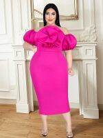 ZZOOI Cold Shoulder Party Dresses Plus Size 4XL Women Fuchsia Puff Sleeve Flower Stylish High Waist Cocktail Even Dress Outfit Summer