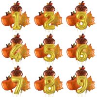 1set Thanksgiving Balloons Pinecone Maple Leaves Pumpkin Balloon 30inch Number Ball for Autumn Forest Theme Party Birthday Decor