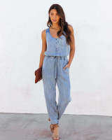 ผู้หญิงแฟชั่น Denim Romper ยาวกางเกง Vintage O คอปิดไหล่ Office Lady Lace-Up ฤดูร้อนปุ่ม Jumpsuit