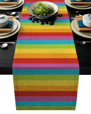 Linen Burlap Table Runners Mat Geometric Rainbow Stripes Kitchen Placemat Coasters for Dinner Home Party Wedding Decor