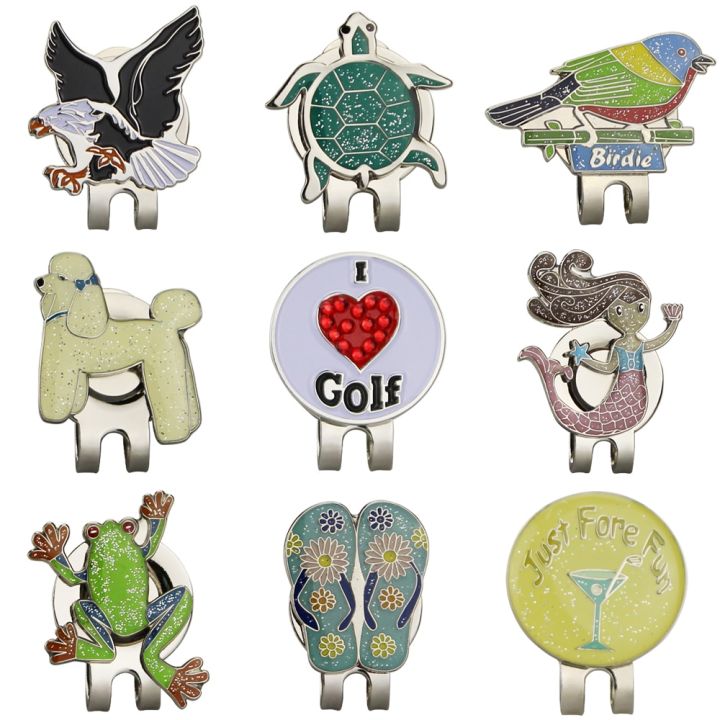 1pc-golf-ball-marker-with-magnet-golf-cap-clips-shining-alloy-mark-for-golfer-love-tortoise-slipper-dog-mermaid-birdie-eagle