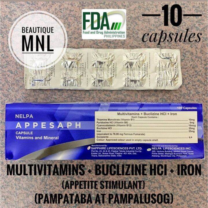 Multivitamins Buclizine HCl Iron APPESAPH Appetite Stimulant Pampataba Weight Gain 10 capsules