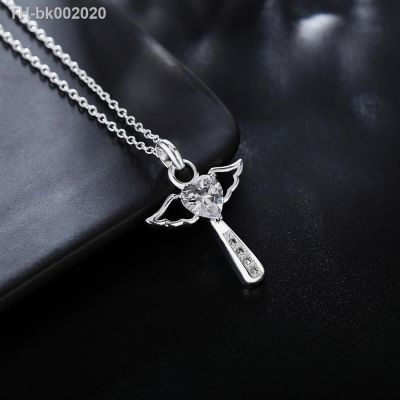 ◙ Fashion brand 925 Sterling Silver Necklace For Women luxury Wedding Jewelry angel crystal cross pendants chain neckalce