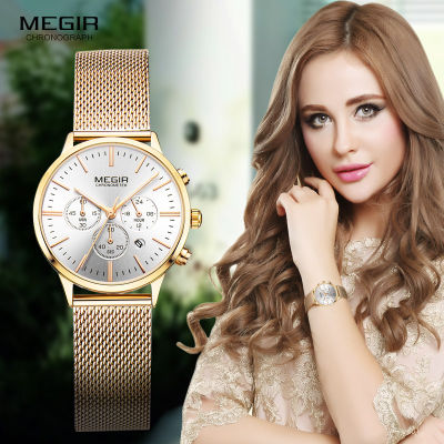 Megir Womens Chronograph Luminous Hands Date Indicator Stainless Steel Mesh Strap Quartz Wrist Watches Lady Rose Gold M2011L-1