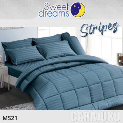 SWEET DREAMS (ชุดประหยัด) ชุดผ้าปูที่นอน+ผ้านวม ลายริ้ว สีน้ำเงิน Blue Stripe MS21 #สวีทดรีมส์ 5ฟุต 6ฟุต ผ้าปู ผ้าปูที่นอน ผ้าปูเตียง ผ้านวม