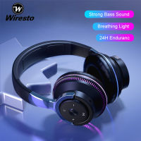 Wiresto Over the Ear Headphone Wireless Foldable Headset LED Breathing Lights Earphones Bluetooth 5.1 Headphone Stereo Headset Noise Reduction Headphone Fold-able Design Wired Wireless Stereo Headband Support TF Card