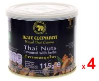 BLUE ELEPHANT  ถั่วปรุงรสสมุนไพร บลู เอเลเฟ่นท์ ผสมตะไคร้และใบมะกรูดทอด พร้อมรับประทาน ชุดละ 4 กระป๋อง กระป๋องละ 115 กรัม / BLUE ELEPHANT Royal Thai Cuisine Thai Nut Flavoured with Herb - Ready to Eat - Fried Lemongrass and Fried Kaffir Lime Leave  - Set