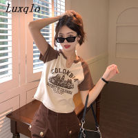 Luxqlo เสื้อยืดแขนสั้นวินเทจสำหรับผู้หญิงฤดูร้อนแฟชั่นเข้ารูปพิมพ์ลายตัวอักษรใหม่เสื้อธรรมดา