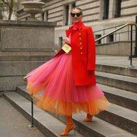 【CC】▲◙۩  Fashion 2 Mixed Colors Tulle Skirt Waist Mid-Calf Tiered Colorful Skirts  Saia Longa Faldas Custom Made