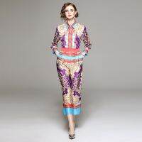 Ladies New Two-Piece Set Real Shot Spot-European and American Fashion All-Match Slimming Shirt with Loose Positioning Printing Width Blouse and Pants