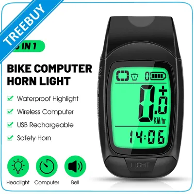 Treebbuy เครื่องวัดความเร็วจักรยานแบบมัลติฟังก์ชัน,แบบไม่ใช้สายเครื่องวัดความเร็วรถจักรยานที่มีไฟและฮอร์นมาตรวัดความเร็วจักรยานกันน้ำแบบชาร์จ USB แบบเต็มจอไฟแบ็คไลท์อุปกรณ์เสริมสำหรับจักรยาน