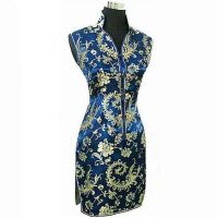 Navy Blue Chinese Traditional Women Summer Dress Silky Satin Cheongsam Sexy V-Neck Qipao Floral Size S M L XL XXL XXXL WC013