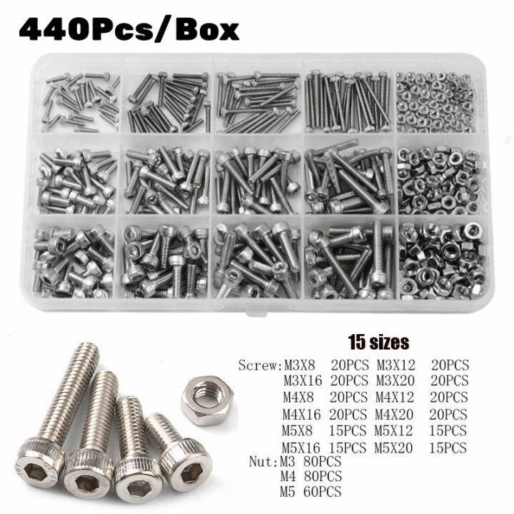 440Pcs/Box M3 M4 M5 Stainless Steel Hexagon Socket Bolt and Nut Round
