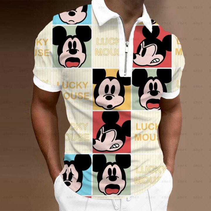 เสื้อโปโลฤดูร้อนเสื้อโปโลผู้ชาย-เสื้อยืดลายลำลองแขนสั้น-mickey-3d-แนวสตรีทเสื้อโปโลมีปกมีซิป