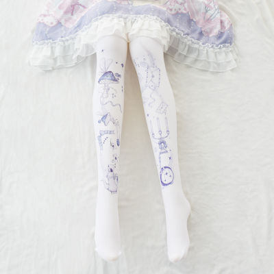 New Mori Girl Cosplay Tea Party Lolita Harajuku long socks Japanese style Lolita pantyhose Alices dream printing silk